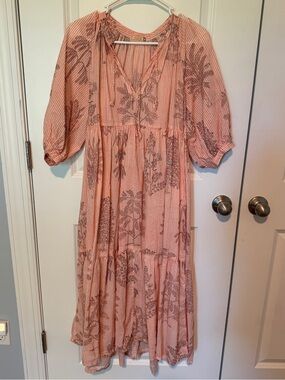 Matta Coral-Pink Striped Floral Tiered Maxi Dress medium